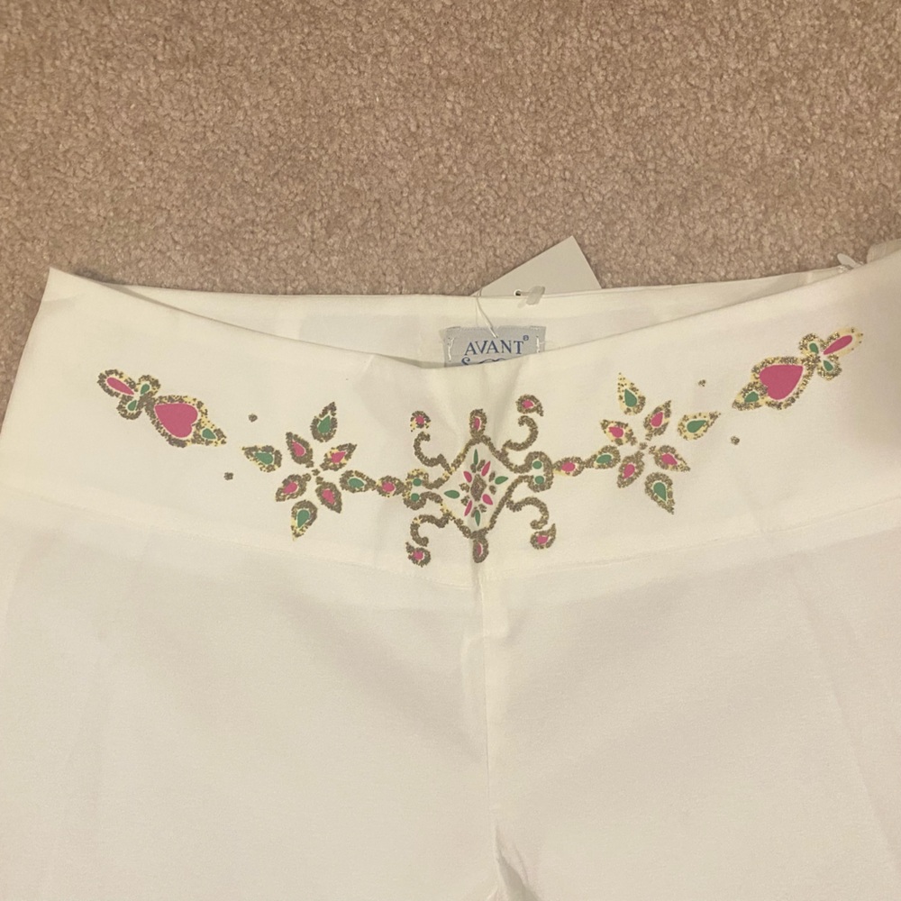 Avanti White Pants with Pink and Green Embroidery